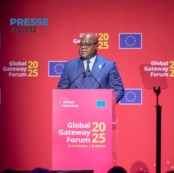 Félix Tshisekedi, président de la République démocratique du Congo (RDC), lors de son discours au Forum international Global Gateway, tenu à Bruxelles en Belgique, Jeudi 09 octobre 2025. crédit photo présidence.