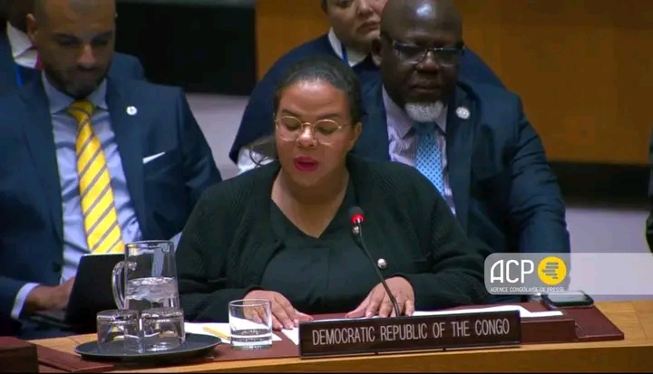 Thérèse Kayikwamba Wagner, ministre des affaires étrangères de la RDC, lors de son allocution au Conseil de sécurité de l'ONU.