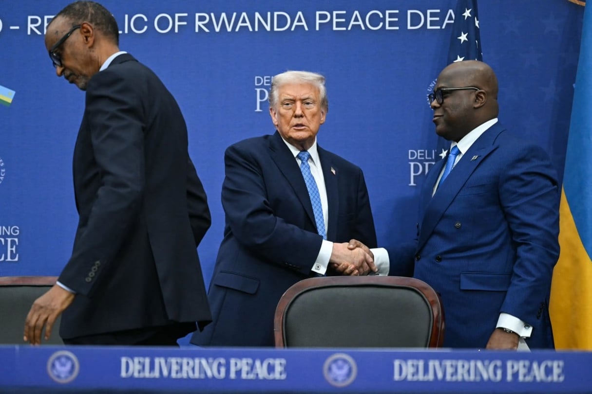Lors de la ratification des accords de Washington, entre les deux présidents africains, Félix Tshisekedi et son homologue Paul Kagame, sous l'égide des États-Unis d'Amérique, le 04 décembre 2025.