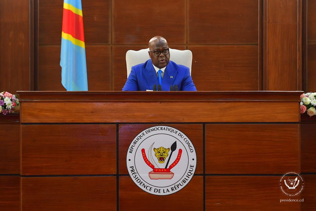Félix Tshisekedi, président de la République démocratique du Congo (RDC), s'exprimant lors de la cérémonie des échanges des voeux avec les ambassadeurs accrédités en RDC, samedi 31 janvier 2026, à Kinshasa. Crédit photo, CelluleCom présidence congola