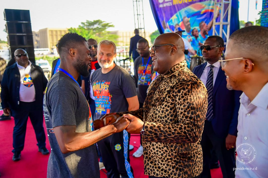 Félix Tshisekedi, président de la RDC, lors  de la cérémonie de l'accueil des Léopards, après leur qualification en Coupe du Monde 2026, à Kinshasa.