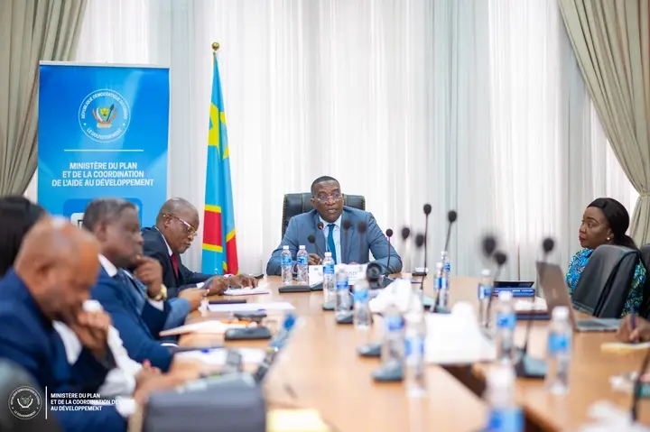 Le Ministre d’État, ministre du Plan et de la Coordination de l’Aide au Développement (CAD), Guylain Nyembo, lors d'une réunion avec ses hôtes.